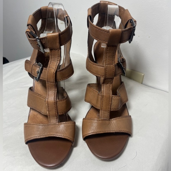 Aldo Strappy Gladiator Stacked Block Heel Leather Sandals Cognac Sz 9 - Picture 5 of 13